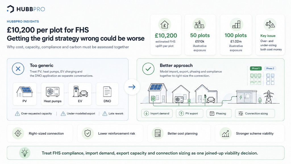 HubbPro infographic comparing a generic approach to FHS grid planning against a joined-up model of import demand, PV export, phasing, and connection sizing across a residential scheme.
